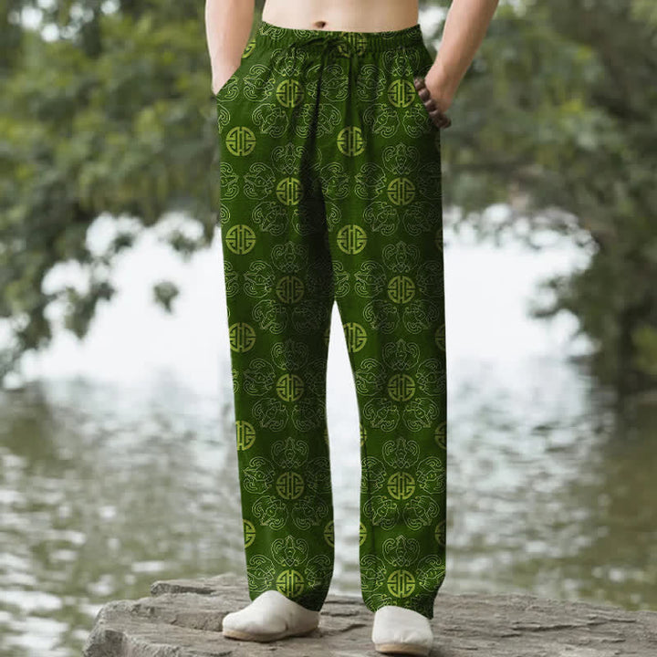 Buddha Stones Pantalones de hombre de algodón con estampado floral y diseño redondo de la suerte, con bolsillos. - Verde bosque - US/UK/AU50, EU60 (5XL) - image 4