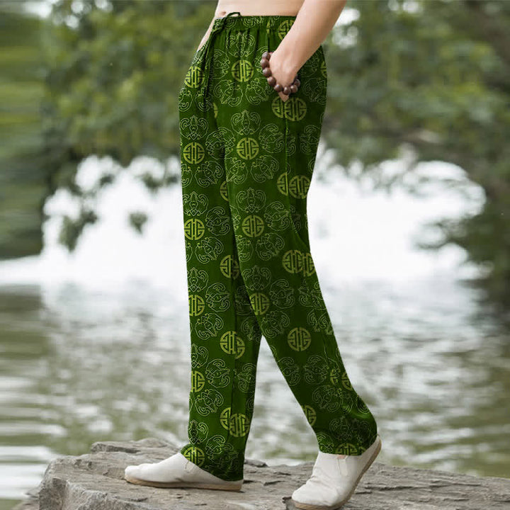 Buddha Stones Pantalones de hombre de algodón con estampado floral y diseño redondo de la suerte, con bolsillos. - image 5