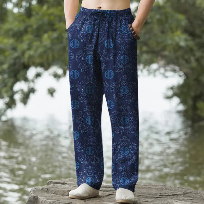Buddha Stones Pantalones de hombre de algodón con estampado floral y diseño redondo de la suerte, con bolsillos. - Marina de guerra - US/UK/AU50, EU60 (5XL) - image 6