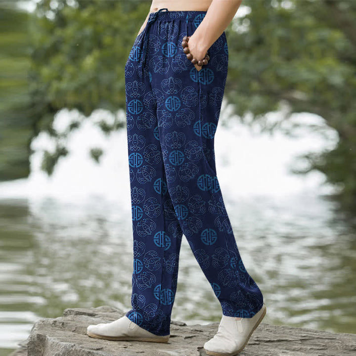 Buddha Stones Pantalones de hombre de algodón con estampado floral y diseño redondo de la suerte, con bolsillos. - image 7