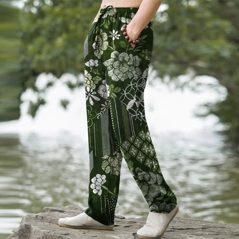 Buddha Stones Pantalones de hombre de algodón con estampado floral bohemio en patchwork, corte ajustado y bolsillos. - image 7