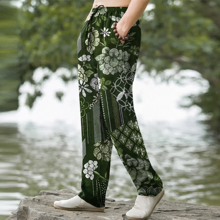 Buddha Stones Pantalones de hombre de algodón con estampado floral bohemio en patchwork, corte ajustado y bolsillos. - image 7