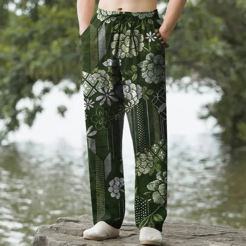 Buddha Stones Pantalones de hombre de algodón con estampado floral bohemio en patchwork, corte ajustado y bolsillos. - Verde bosque - US/UK/AU50, EU60 (5XL) - image 6