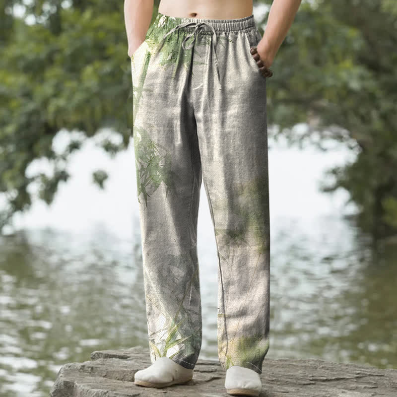 Buddha Stones Pantalones de hombre de algodón lavado con estampado de bambú, corte ajustado y bolsillos. - Verde pálido - US/UK/AU50, EU60 (5XL) - image 0