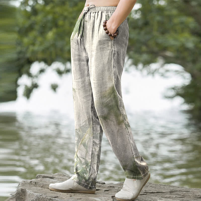 Buddha Stones Pantalones de hombre de algodón lavado con estampado de bambú, corte ajustado y bolsillos. - image 1