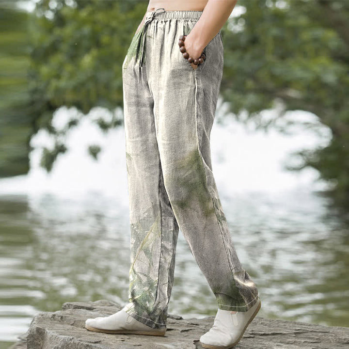 Buddha Stones Pantalones de hombre de algodón lavado con estampado de bambú, corte ajustado y bolsillos. - image 1