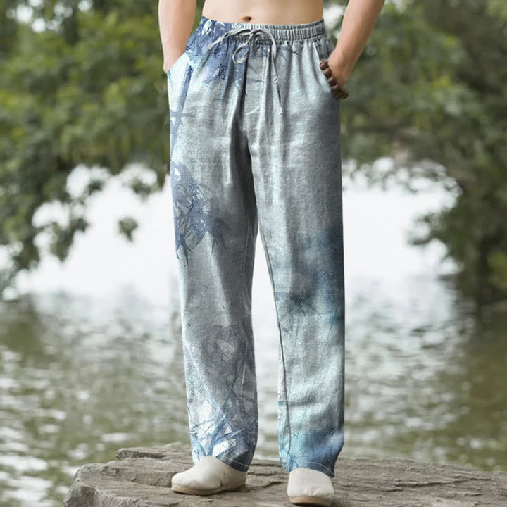 Pantalones de hombre ajustados con bolsillos, de algodón lavado con estampado de bambú y Buddha Stones. - Azul claro - US/UK/AU50, EU60 (5XL) - image 4