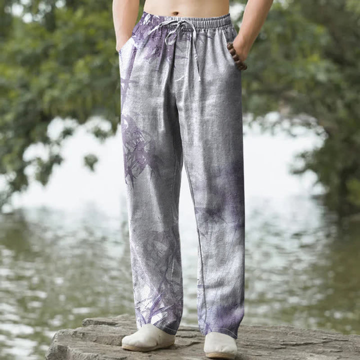 Pantalones de hombre ajustados con bolsillos, de algodón lavado con estampado de bambú y Buddha Stones. - Lavanda - US/UK/AU50, EU60 (5XL) - image 6