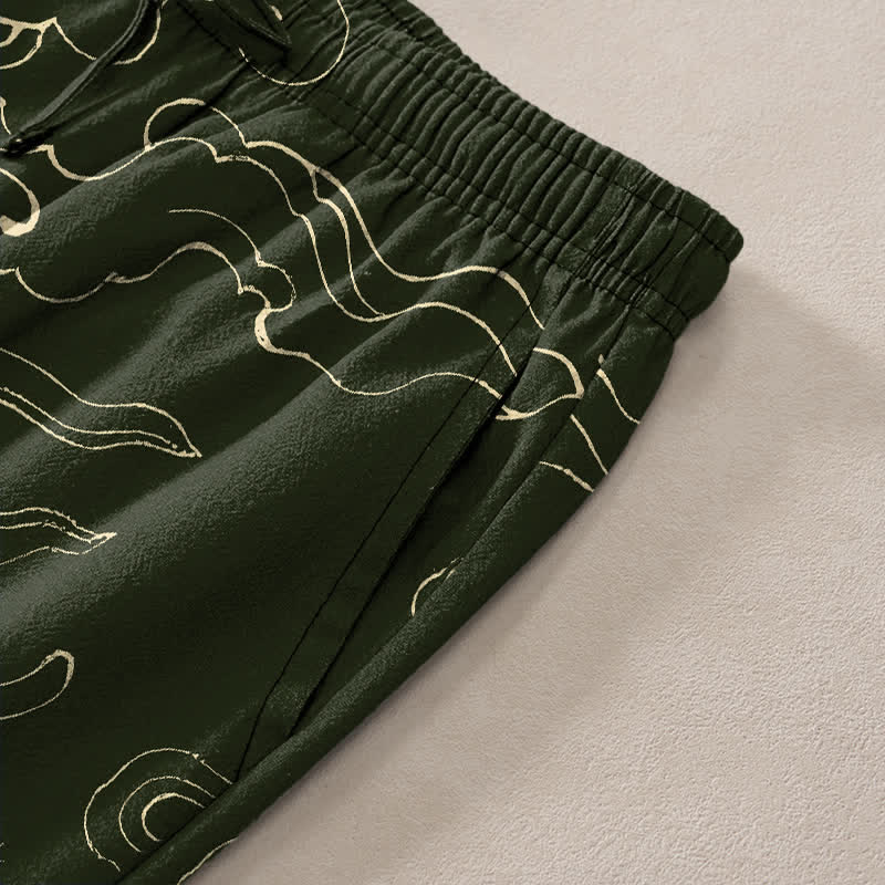 Buddha Stones Pantalones de algodón para hombre con estampado de dragón volador persiguiendo el sol, corte cónico y bolsillos. - image 2