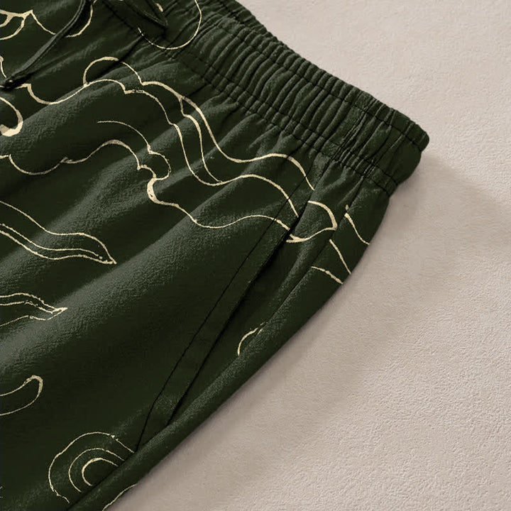 Buddha Stones Pantalones de algodón para hombre con estampado de dragón volador persiguiendo el sol, corte cónico y bolsillos. - image 2