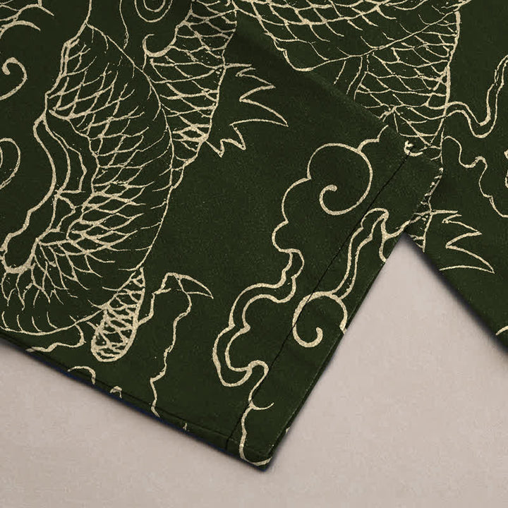Buddha Stones Pantalones de algodón para hombre con estampado de dragón volador persiguiendo el sol, corte cónico y bolsillos. - image 3