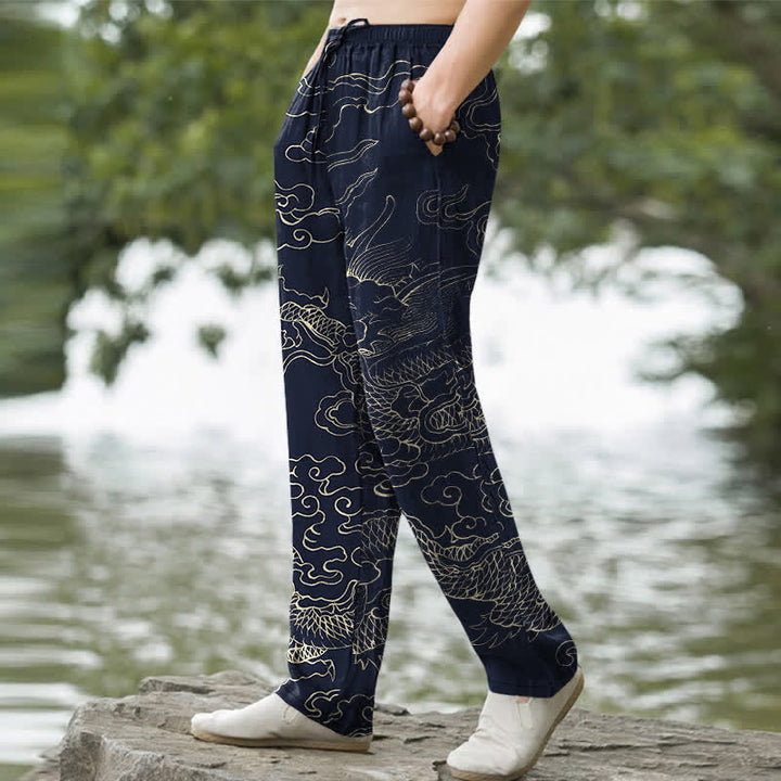 Buddha Stones Pantalones de algodón para hombre con estampado de dragón volador persiguiendo el sol, corte cónico y bolsillos. - image 7