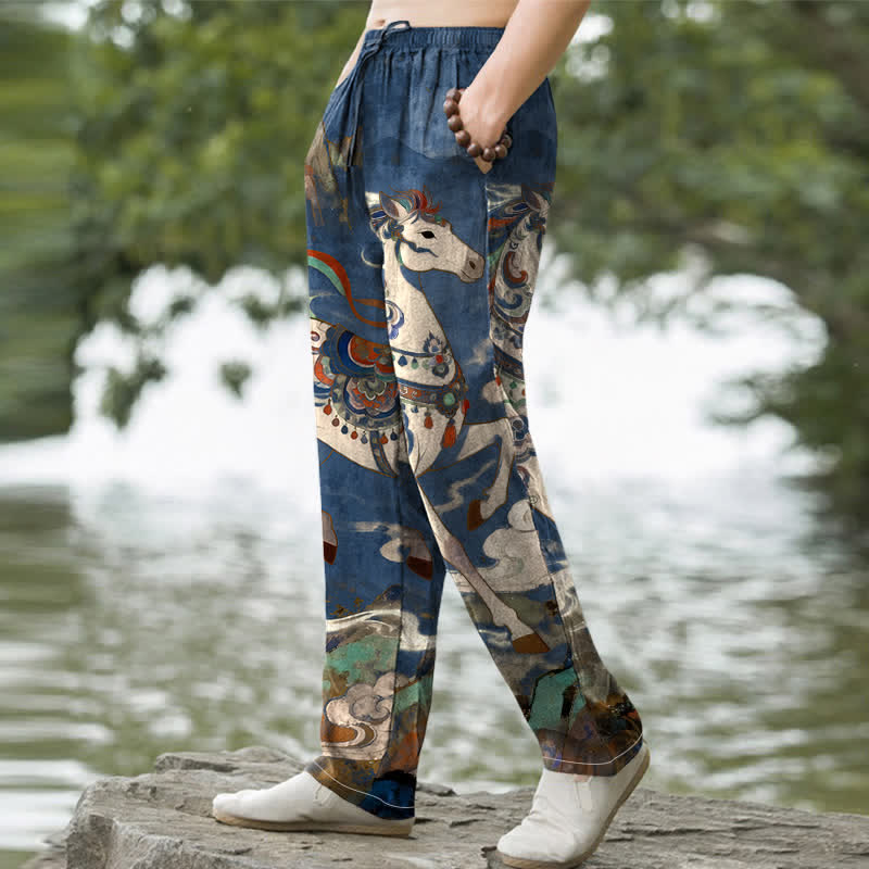 Buddha Stones Pantalones de hombre de algodón con estampado vintage de caballos al galope, corte ajustado y bolsillos. - image 1