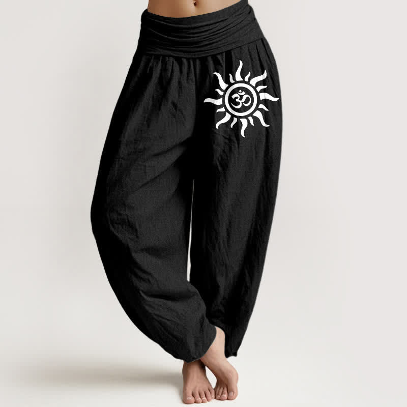 Buddha Stones Pantalones harem de algodón puro con estampado Sun Om y cintura elástica para mujer. - Negro - US16，UK/AU20，EU48 (3XL) - image 0