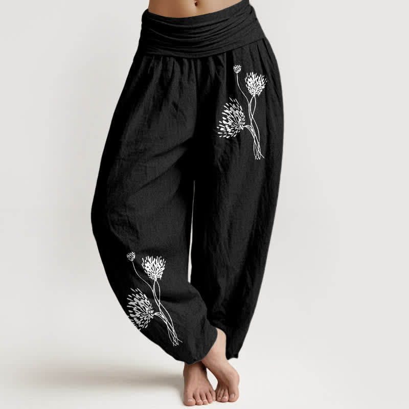Buddha Stones Pantalones harem de algodón puro con estampado botánico y cintura elástica para mujer. - Negro - US16，UK/AU20，EU48 (3XL) - image 5