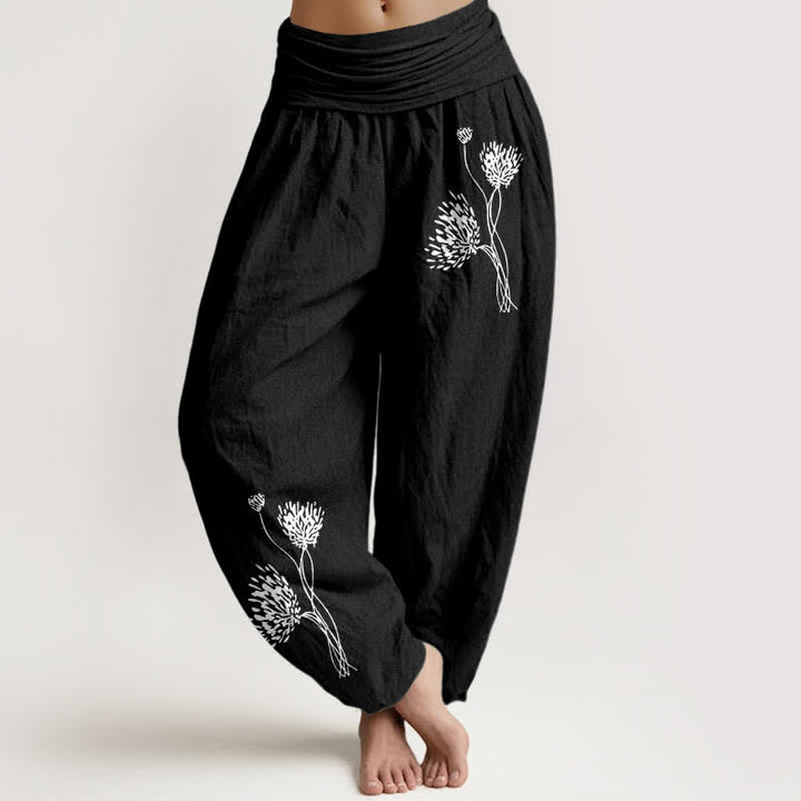 Buddha Stones Pantalones harem de algodón puro con estampado botánico y cintura elástica para mujer. - Negro - US16，UK/AU20，EU48 (3XL) - image 5