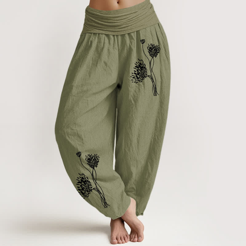 Buddha Stones Pantalones harem de algodón puro con estampado botánico y cintura elástica para mujer. - Verde oliva - US16，UK/AU20，EU48 (3XL) - image 14