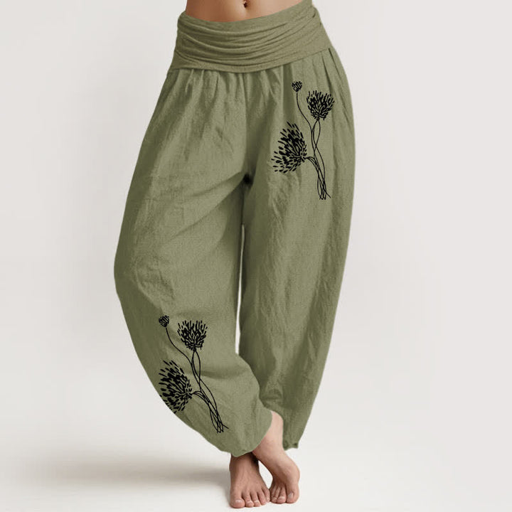 Buddha Stones Pantalones harem de algodón puro con estampado botánico y cintura elástica para mujer. - Verde oliva - US16，UK/AU20，EU48 (3XL) - image 14