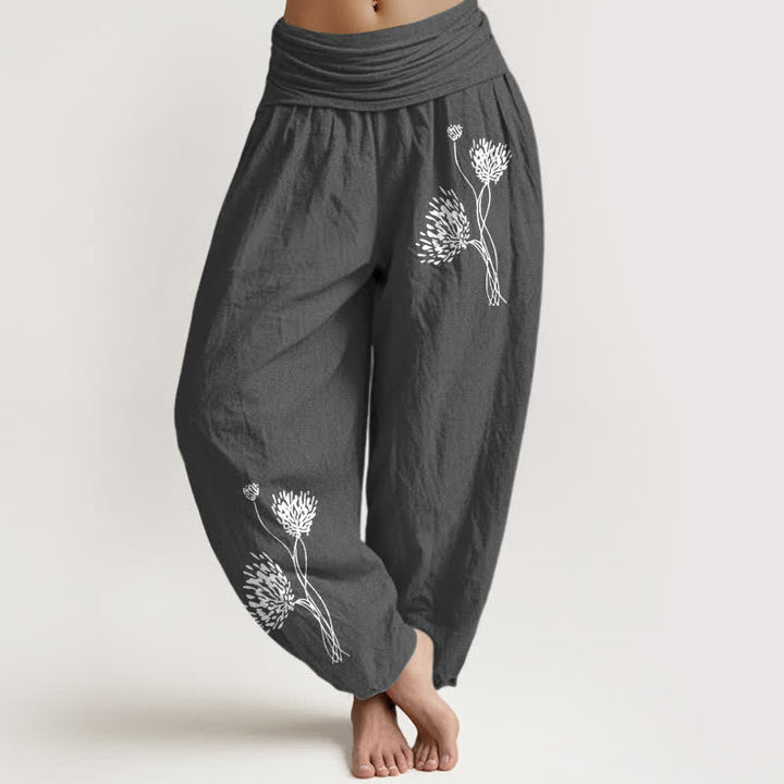 Buddha Stones Pantalones harem de algodón puro con estampado botánico y cintura elástica para mujer. - Gris oscuro - US16，UK/AU20，EU48 (3XL) - image 11