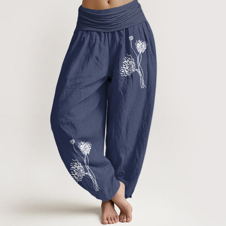 Buddha Stones Pantalones harem de algodón puro con estampado botánico y cintura elástica para mujer. - Azul pizarra oscuro - US16，UK/AU20，EU48 (3XL) - image 8