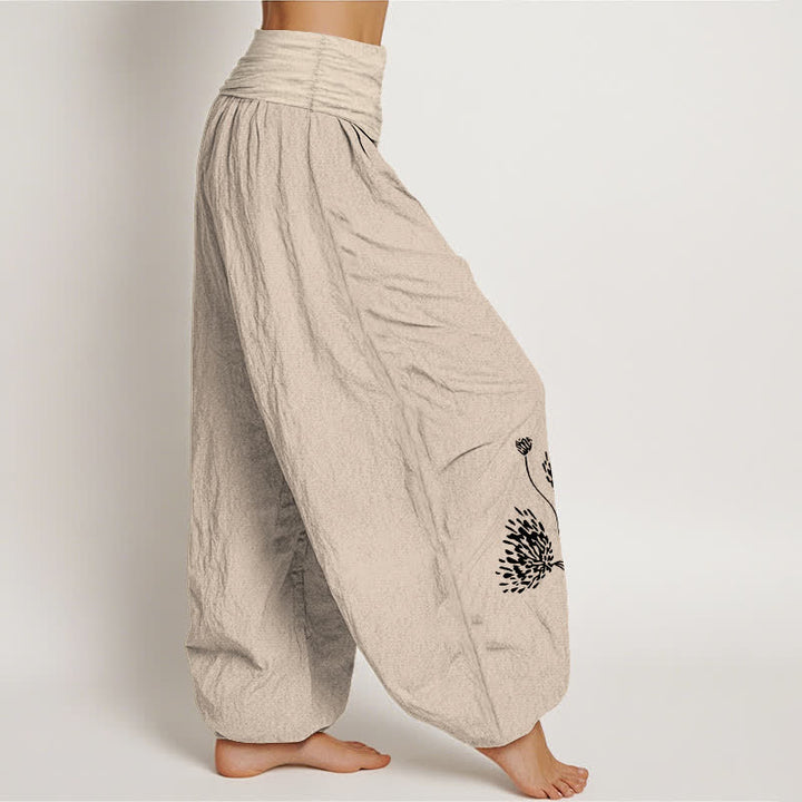 Buddha Stones Pantalones harem de algodón puro con estampado botánico y cintura elástica para mujer. - image 1