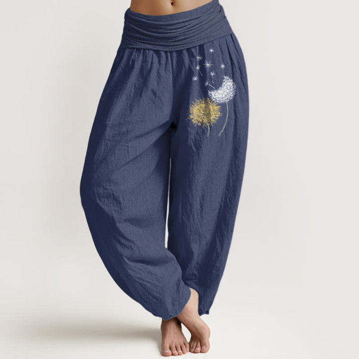 Buddha Stones Pantalones harem de mujer con cintura elástica y estampado de diente de león, de algodón puro. - Azul pizarra oscuro - US16，UK/AU20，EU48 (3XL) - image 5