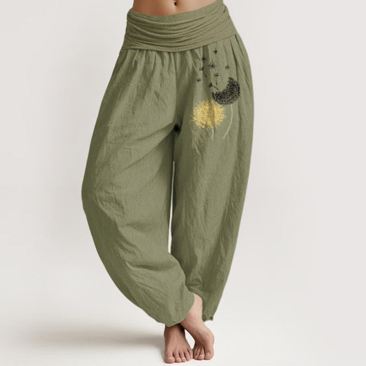Buddha Stones Pantalones harem de mujer con cintura elástica y estampado de diente de león, de algodón puro. - Verde oliva - US16，UK/AU20，EU48 (3XL) - image 14