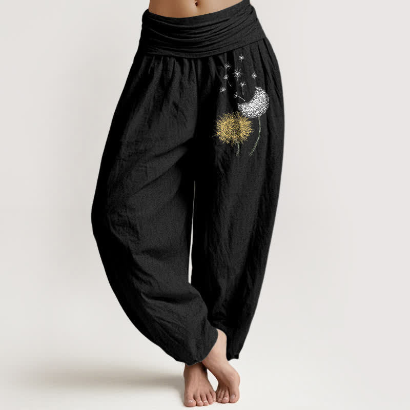 Buddha Stones Pantalones harem de mujer con cintura elástica y estampado de diente de león, de algodón puro. - Negro - US16，UK/AU20，EU48 (3XL) - image 0