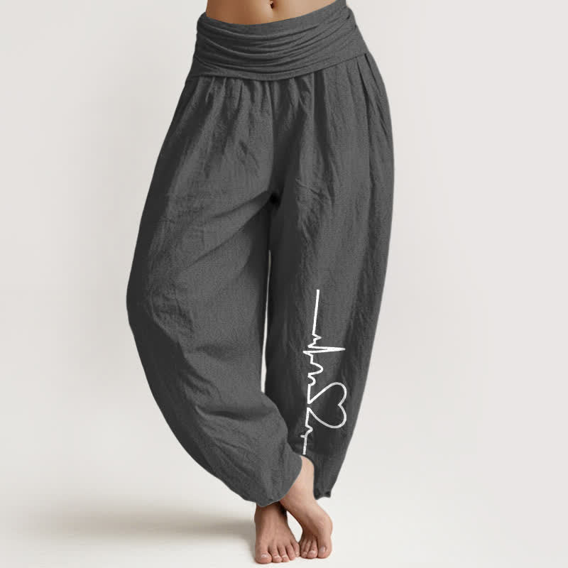 Buddha Stones Pantalones harem de algodón puro con estampado de corazones y cintura elástica para mujer. - Gris oscuro - US16，UK/AU20，EU48 (3XL) - image 11
