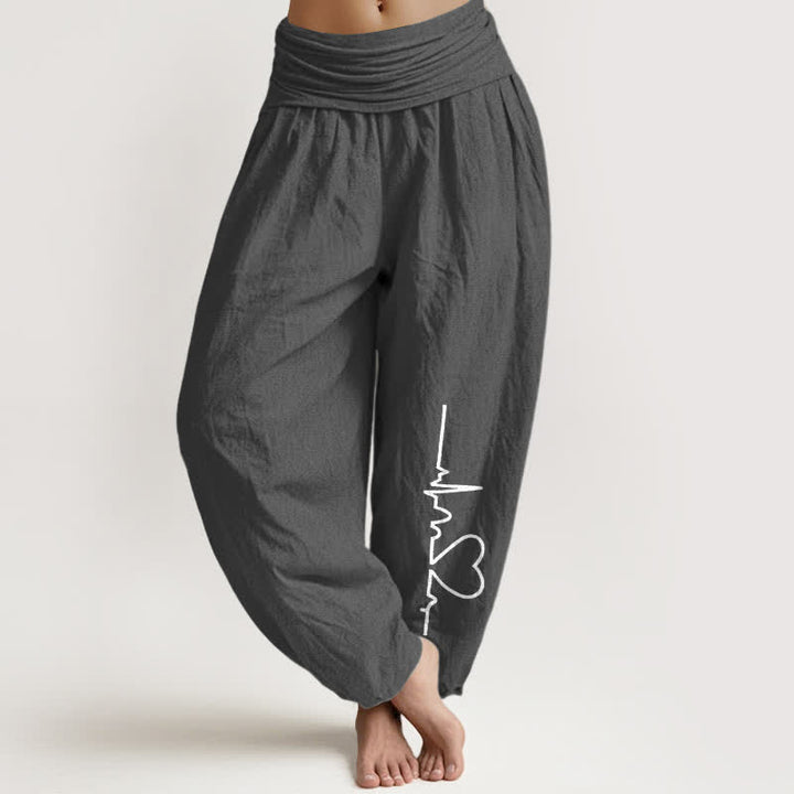 Buddha Stones Pantalones harem de algodón puro con estampado de corazones y cintura elástica para mujer. - Gris oscuro - US16，UK/AU20，EU48 (3XL) - image 11