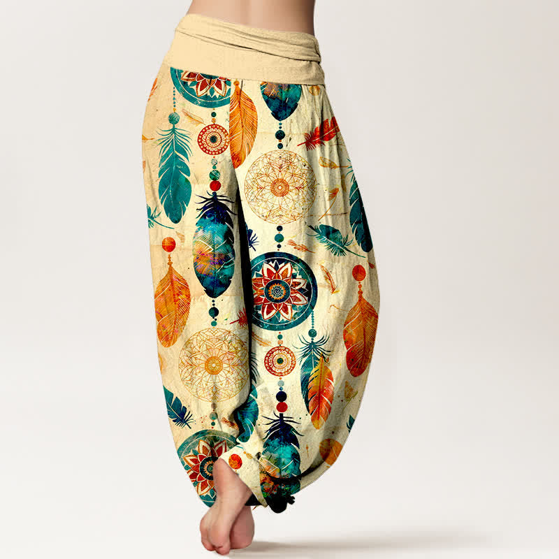 Buddha Stones Pantalones harem de mujer con cintura elástica y estampado de plumas de atrapasueños, de algodón puro. - image 2
