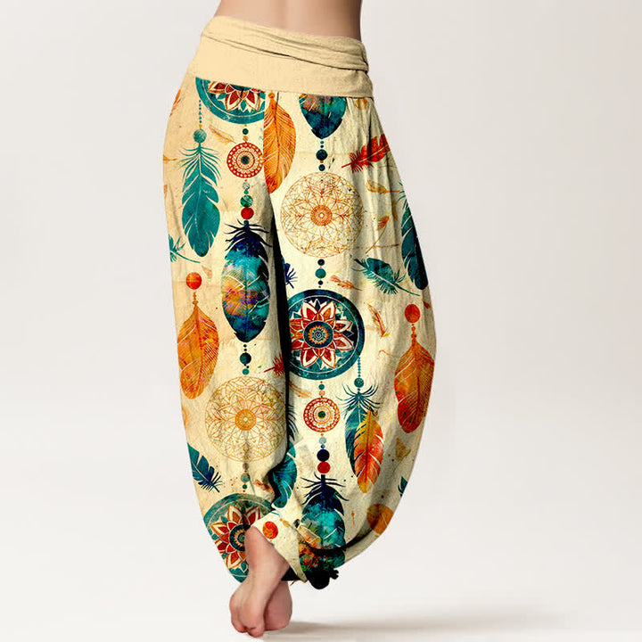 Buddha Stones Pantalones harem de mujer con cintura elástica y estampado de plumas de atrapasueños, de algodón puro. - image 2