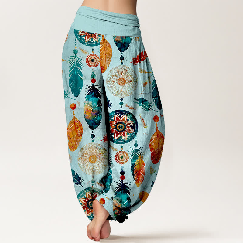 Buddha Stones Pantalones harem de mujer con cintura elástica y estampado de plumas de atrapasueños, de algodón puro. - image 7