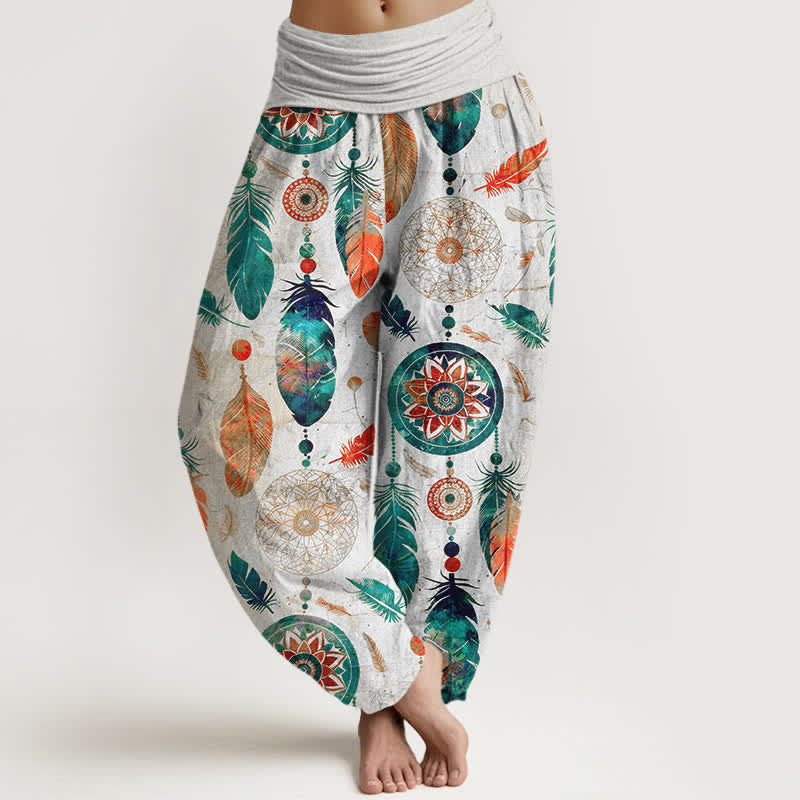 Buddha Stones Pantalones harem de mujer con cintura elástica y estampado de plumas de atrapasueños, de algodón puro. - Blanco - US16，UK/AU20，EU48 (3XL) - image 8