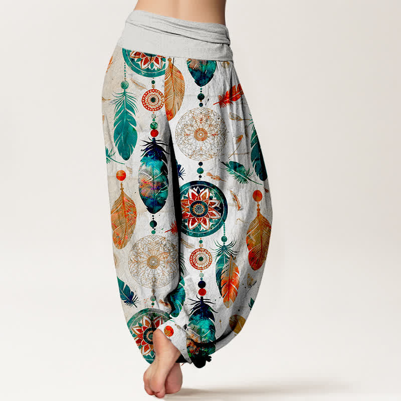 Buddha Stones Pantalones harem de mujer con cintura elástica y estampado de plumas de atrapasueños, de algodón puro. - image 10