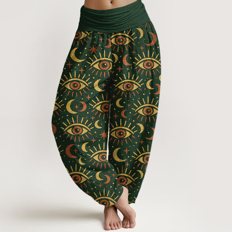 Buddha Stones Pantalones harem de algodón con estampado de luna y ojo místico para mujer con cintura elástica. - Verde oscuro - US16，UK/AU20，EU48 (3XL) - image 0