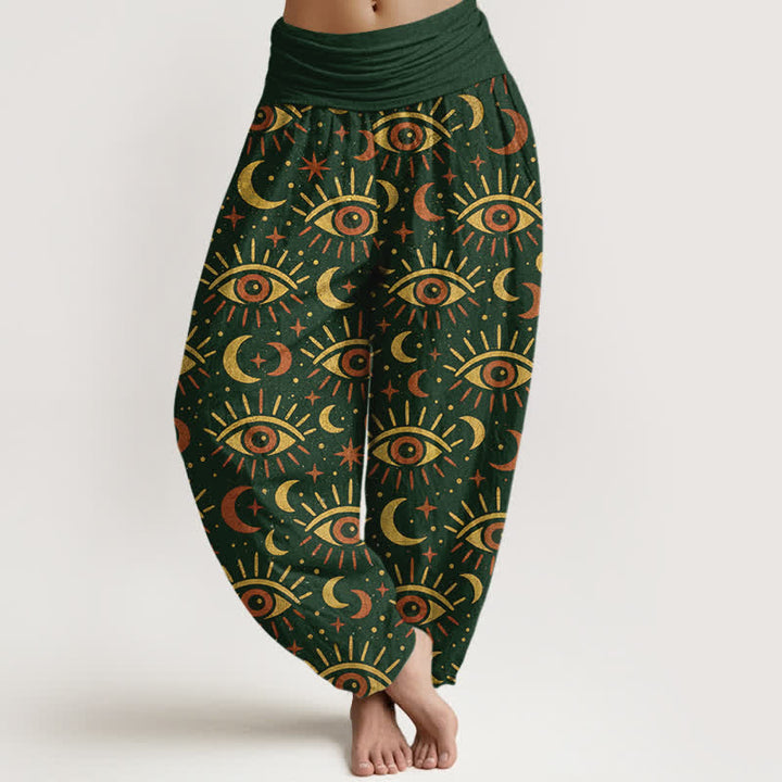Buddha Stones Pantalones harem de algodón con estampado de luna y ojo místico para mujer con cintura elástica. - Verde oscuro - US16，UK/AU20，EU48 (3XL) - image 0