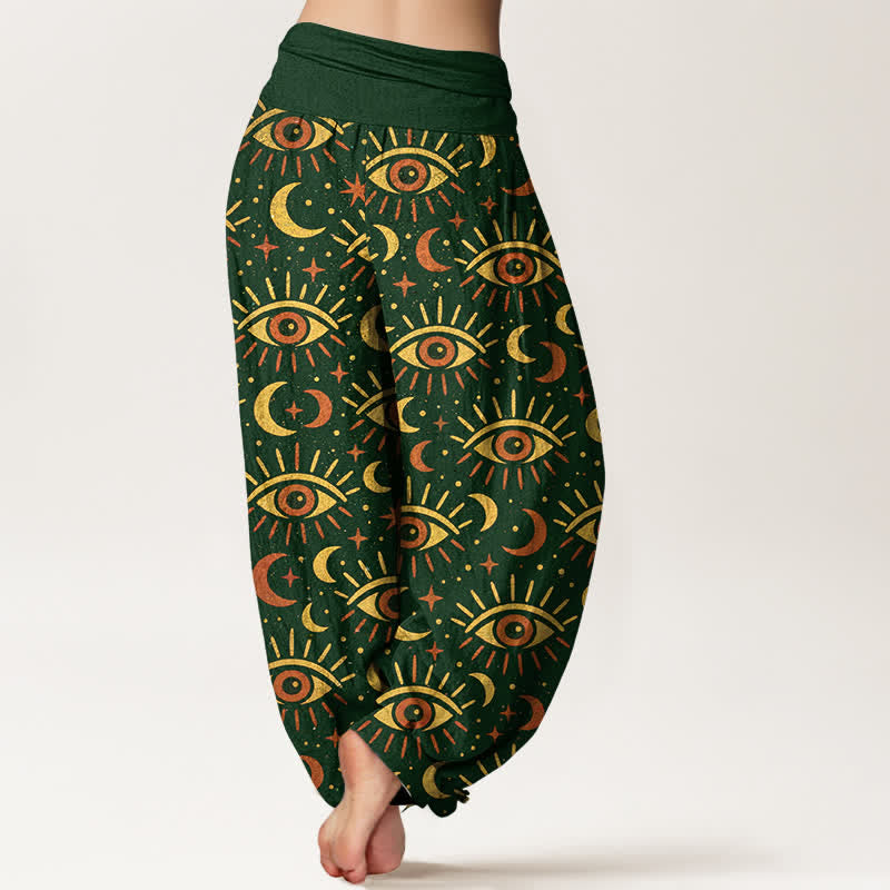 Buddha Stones Pantalones harem de algodón con estampado de luna y ojo místico para mujer con cintura elástica. - image 2