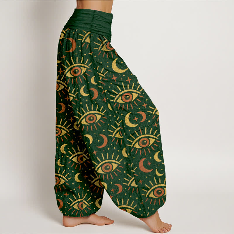 Buddha Stones Pantalones harem de algodón con estampado de luna y ojo místico para mujer con cintura elástica. - image 1