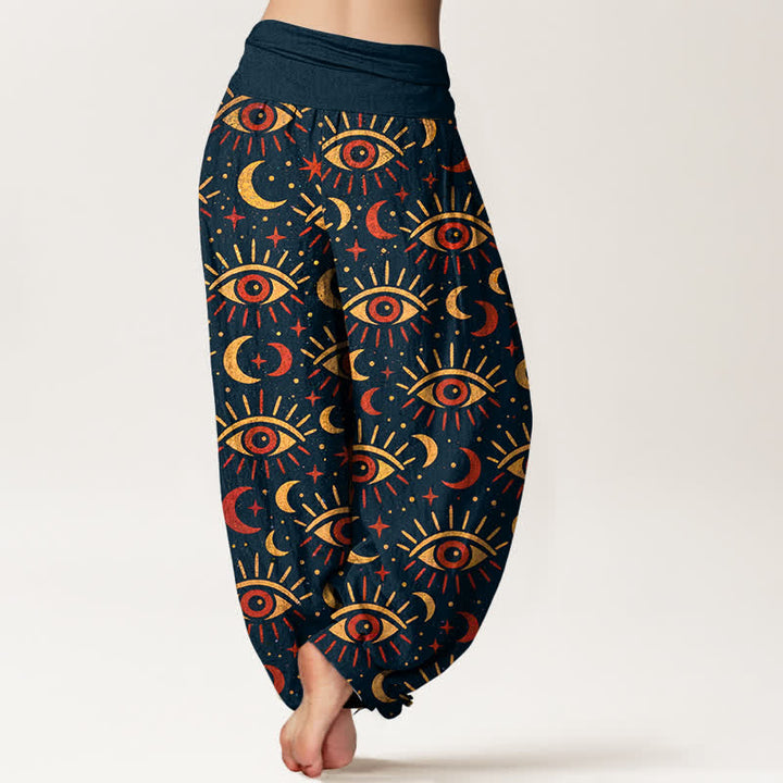 Buddha Stones Pantalones harem de algodón con estampado de luna y ojo místico para mujer con cintura elástica. - image 7