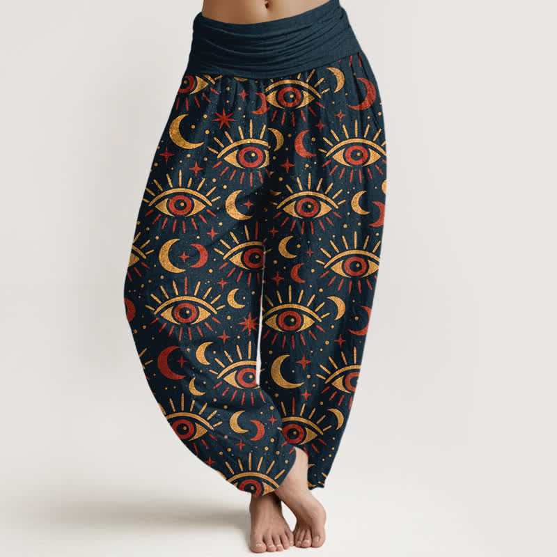 Buddha Stones Pantalones harem de algodón con estampado de luna y ojo místico para mujer con cintura elástica. - Azul medianoche - US16，UK/AU20，EU48 (3XL) - image 5