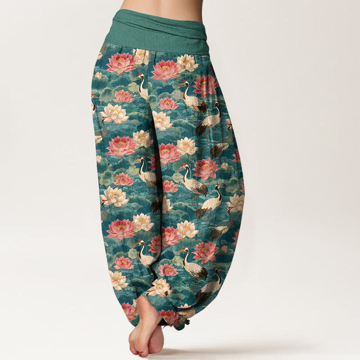 Buddha Stones Pantalones harem de algodón con estampado de grullas y loto para mujer con cintura elástica. - image 2