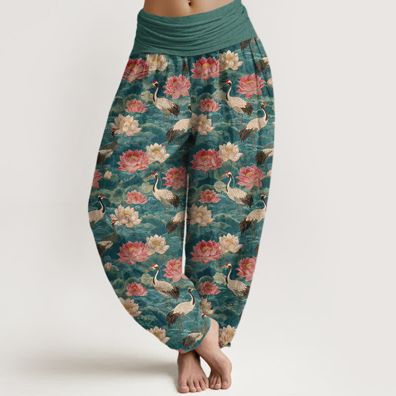 Buddha Stones Pantalones harem de algodón con estampado de grullas y loto para mujer con cintura elástica. - Verde azulado - US16，UK/AU20，EU48 (3XL) - image 0