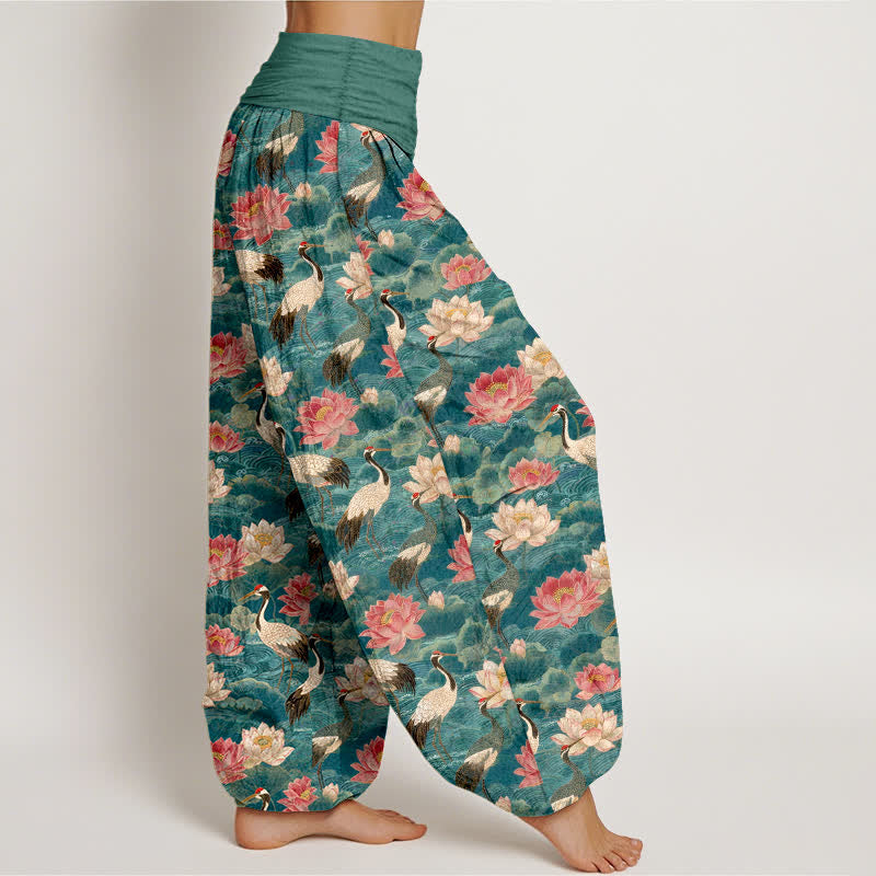 Buddha Stones Pantalones harem de algodón con estampado de grullas y loto para mujer con cintura elástica. - image 1