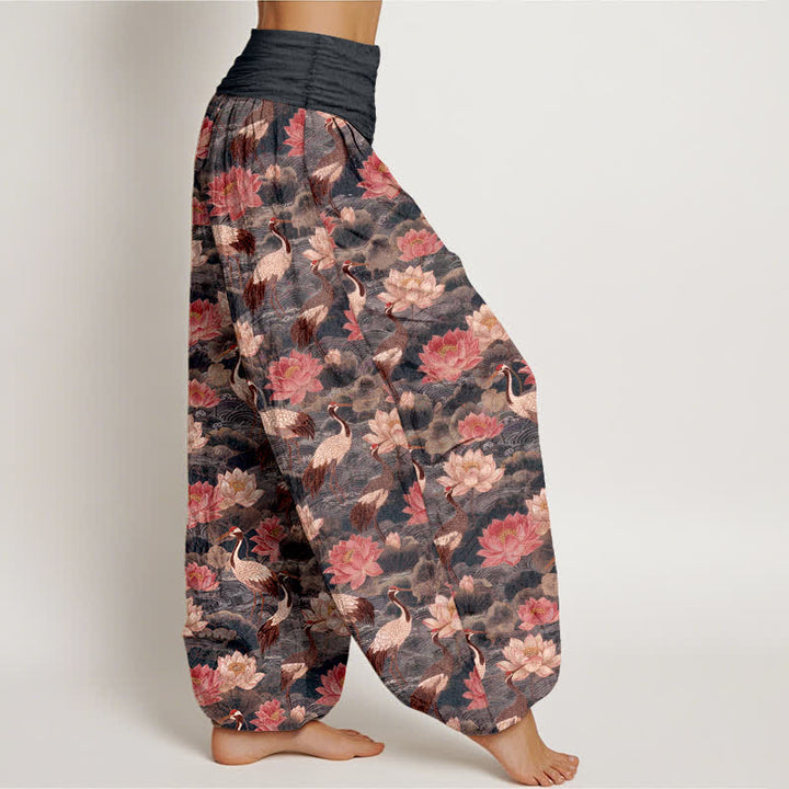 Buddha Stones Pantalones harem de algodón con estampado de grullas y loto para mujer con cintura elástica. - image 6
