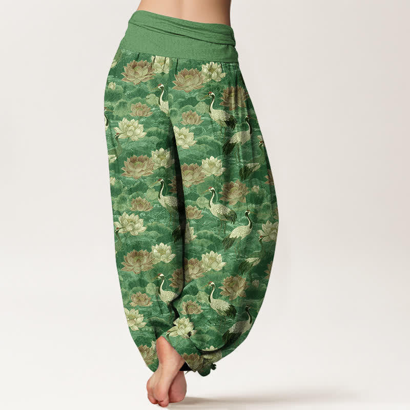 Buddha Stones Pantalones harem de algodón con estampado de grullas y loto para mujer con cintura elástica. - image 10
