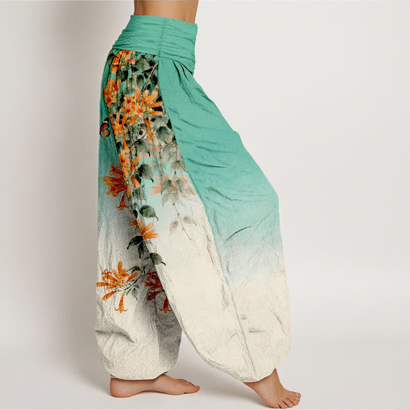Buddha Stones Pantalones harem de algodón naranja con estampado floral de mariposas para mujer con cintura elástica. - image 6