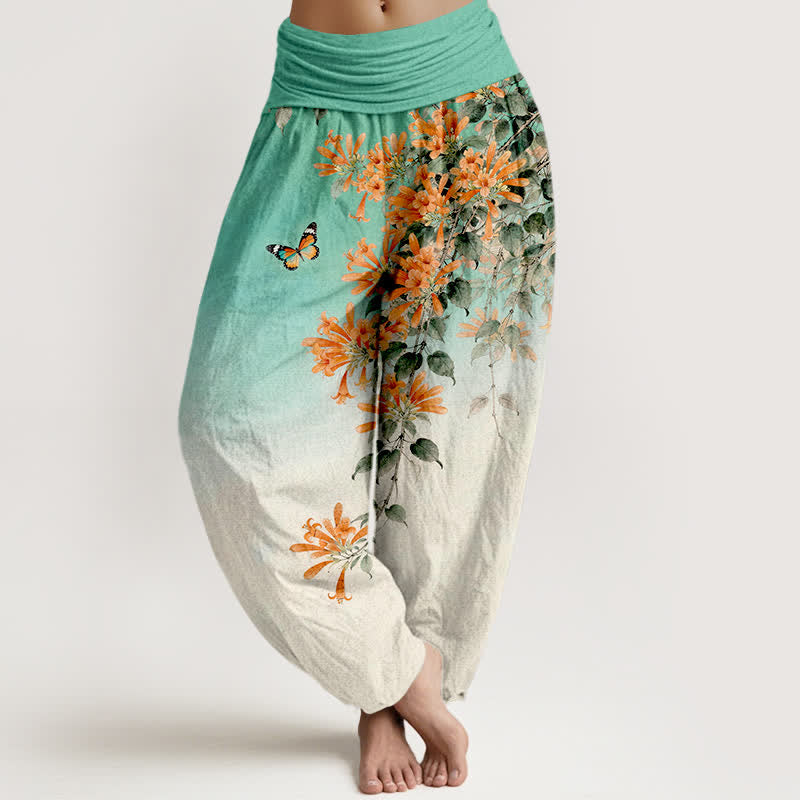Buddha Stones Pantalones harem de algodón naranja con estampado floral de mariposas para mujer con cintura elástica. - Turquesa - US16，UK/AU20，EU48 (3XL) - image 5