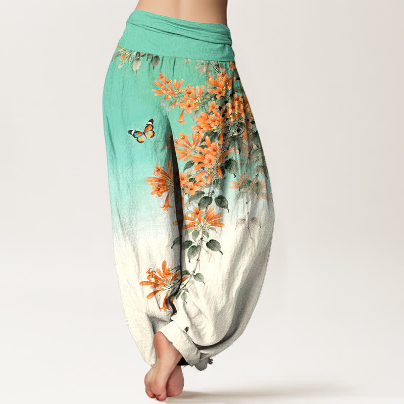 Buddha Stones Pantalones harem de algodón naranja con estampado floral de mariposas para mujer con cintura elástica. - image 7