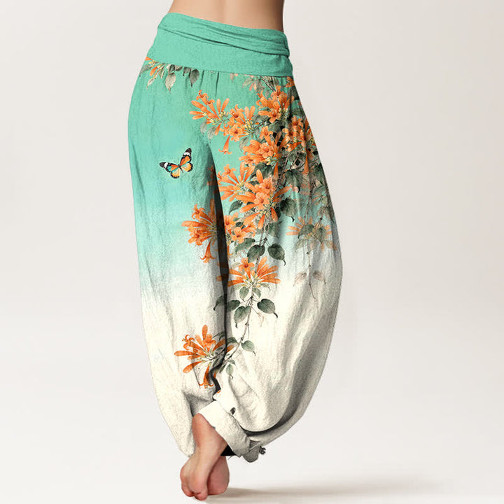 Buddha Stones Pantalones harem de algodón naranja con estampado floral de mariposas para mujer con cintura elástica. - image 7